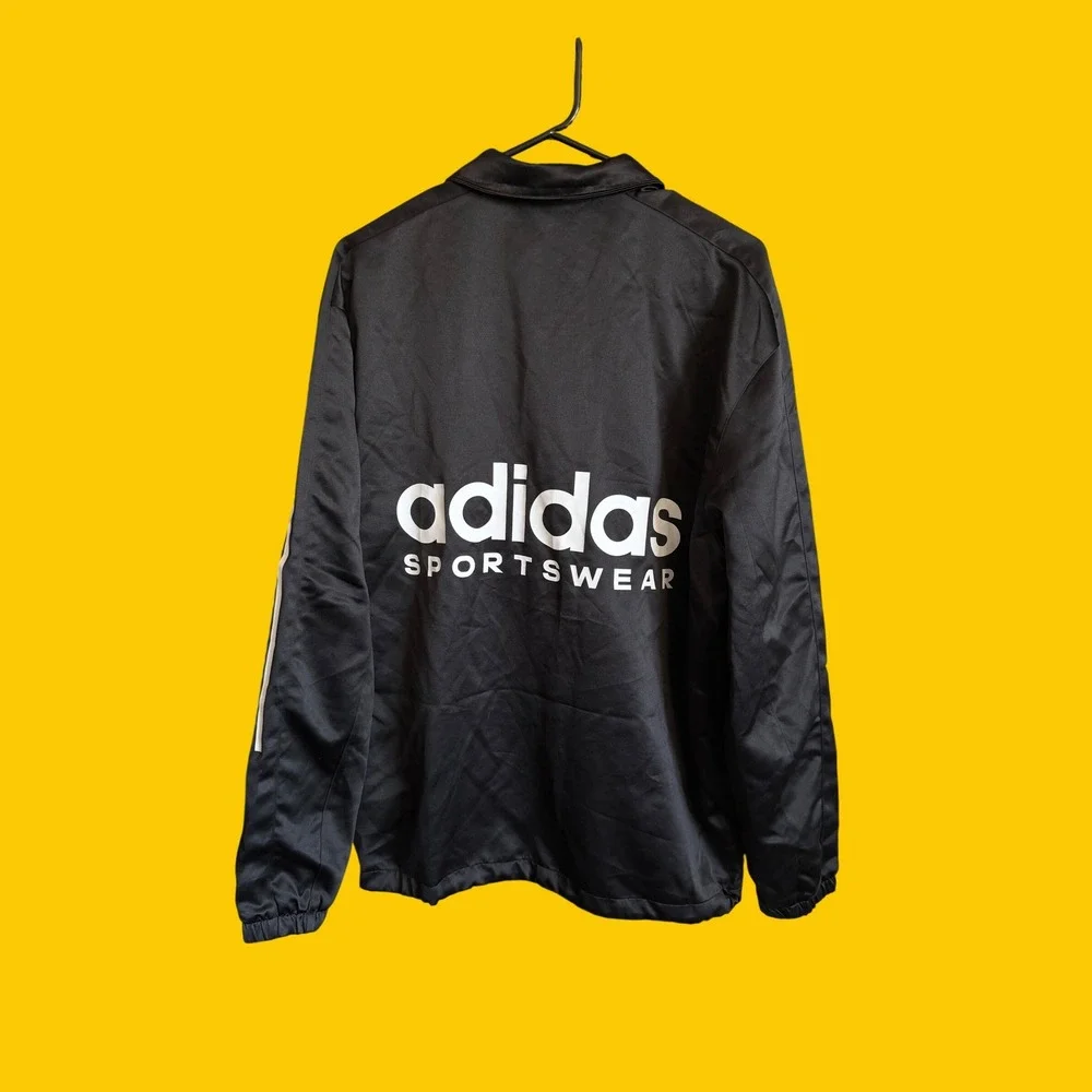 Adidas Sportswear Coach Jacket Mens Medium Black Satin Snap Front Windbreaker